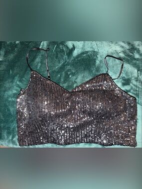 Black Sequin Spaghetti-Strap Crop Camisole